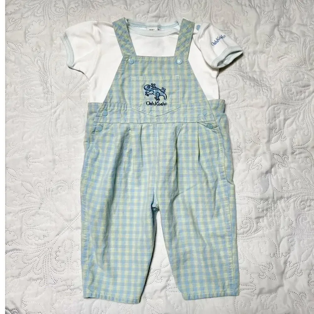 Vintage OshKosh Lizard Plaid Overalls and Logo Shirt Size 6-9m